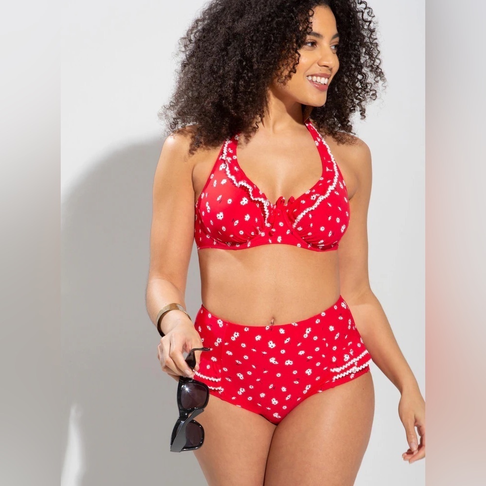 Pour Moi Red and White Floral Patterned 2 Pieces Bikini Set Size Large NWT